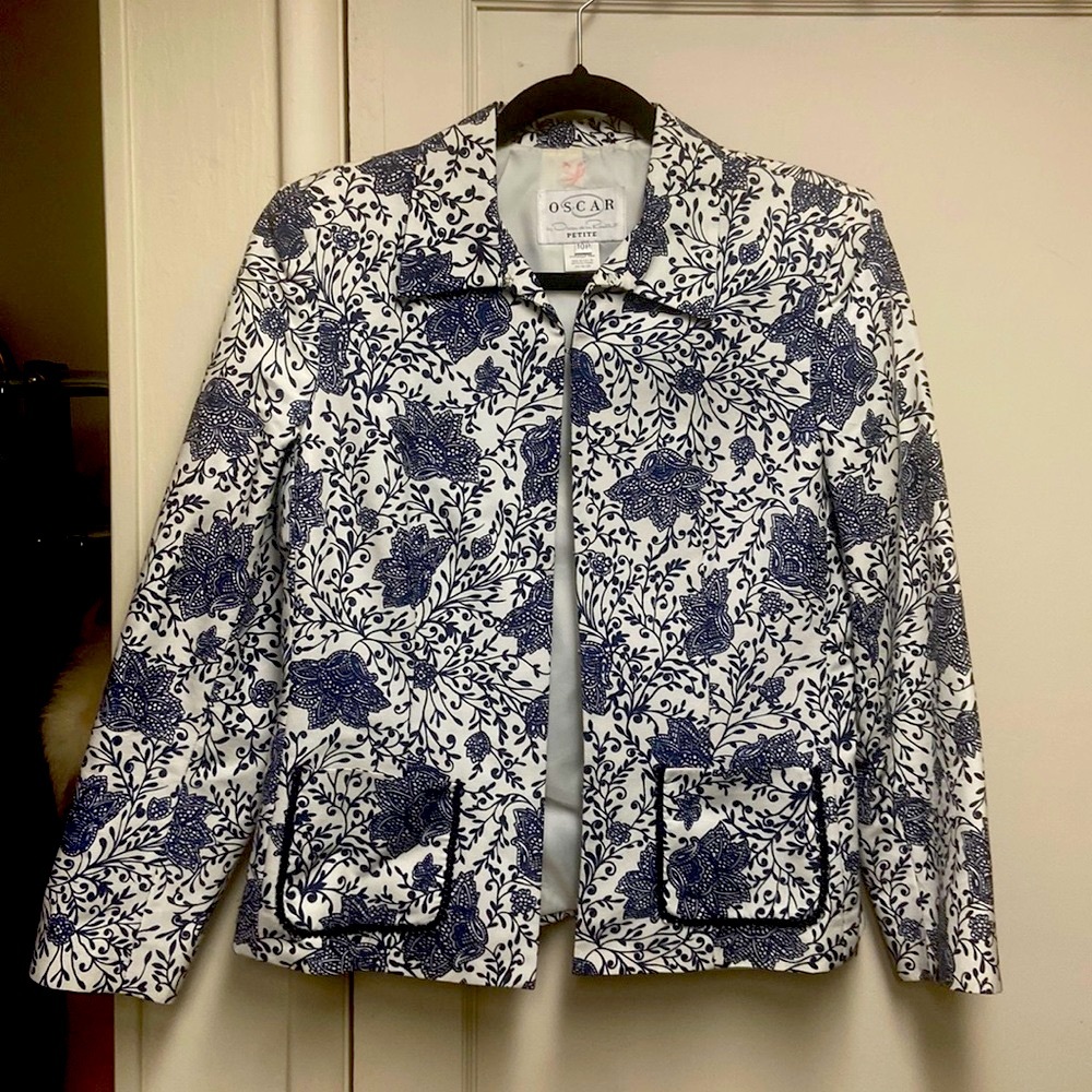 Vintage Oscar de la Renta Blue and White Floral Blazer sz 10p